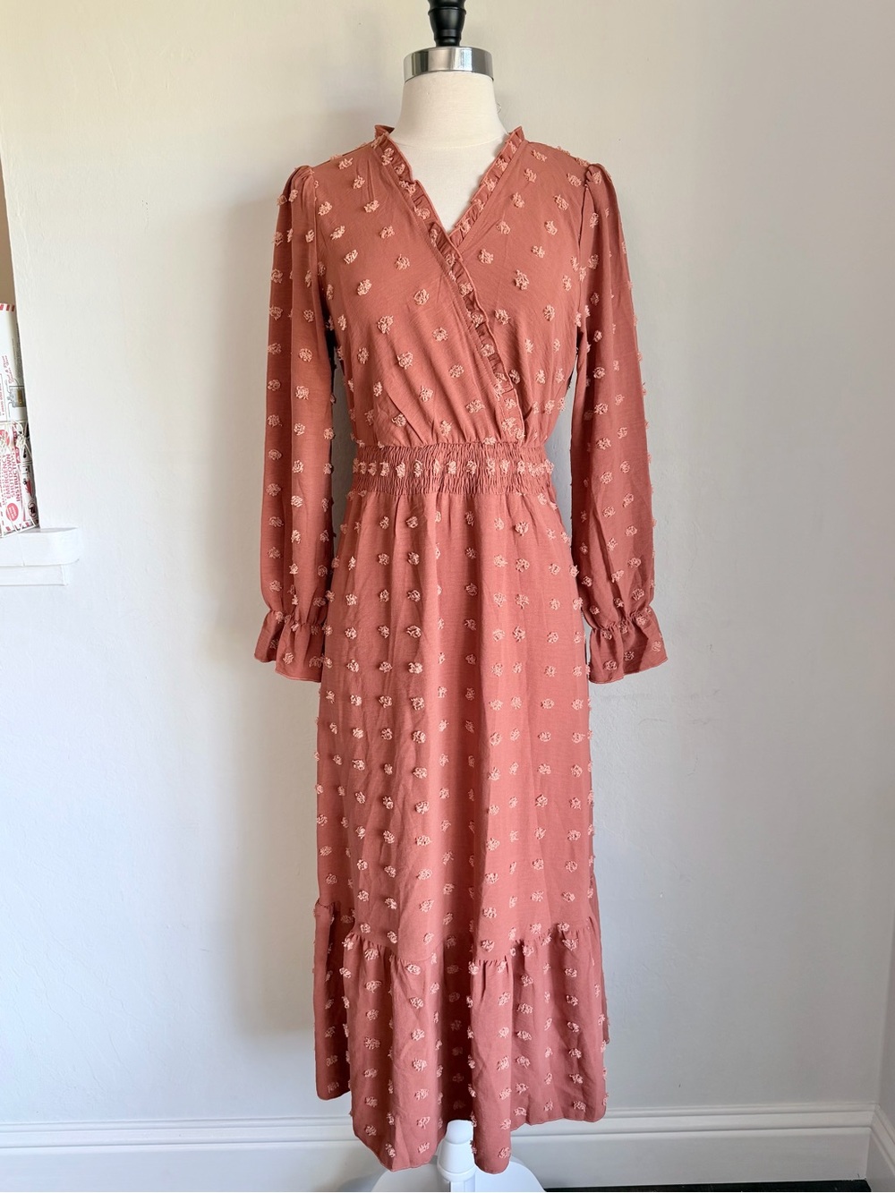Boho Dusty Sienna Textured Puff Long Sleeve Smocked Waist Maxi Dress. S NWT